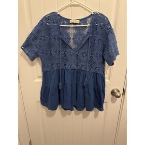 Penelope Rose Women's Boho Embroidered Design Blue Blouse Size Large